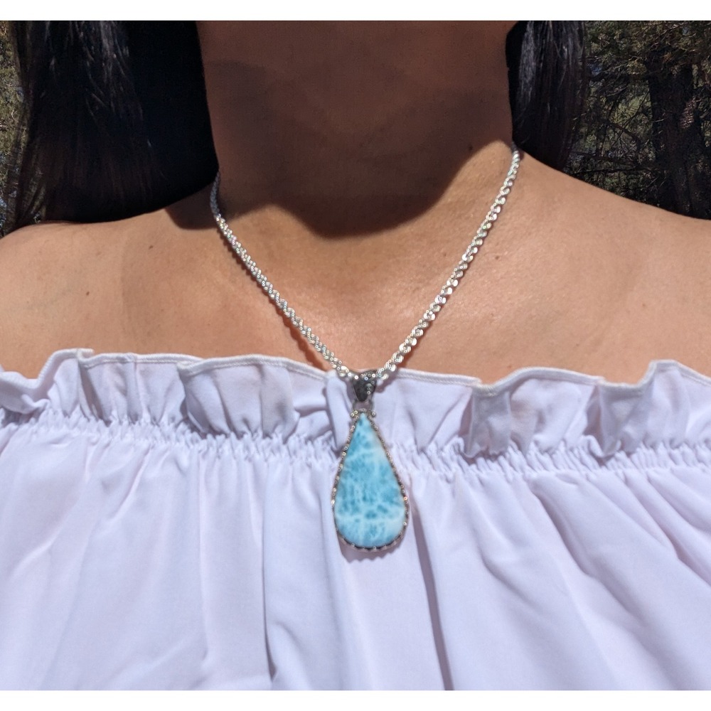 Women's Larimar Pendant Necklace Sterling Silver‎ Rope Chain Fine Jewelry ***